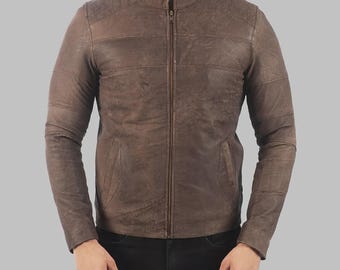 Chaqueta de motociclista Dennis marrón oscuro desgastada para hombre / Ropa de motociclista de cuero genuino