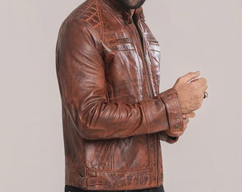 Chaqueta de motorista vintage marrón de Charles Beckett para hombre, de piel auténtica, clásica, de invierno