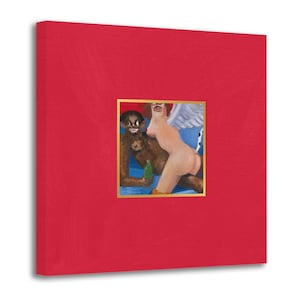 May include: A red canvas print featuring a painting within a gold border. The painting depicts a dark-skinned figure holding a green bottle, and a nude figure with wings. The background is blue.
