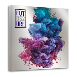 May include: A canvas print featuring a vibrant abstract design. The artwork showcases a dynamic blend of colors, with swirling formations of blue, purple, and pink hues. The word "FUTURE" is displayed in a rectangular box in the upper left corner.