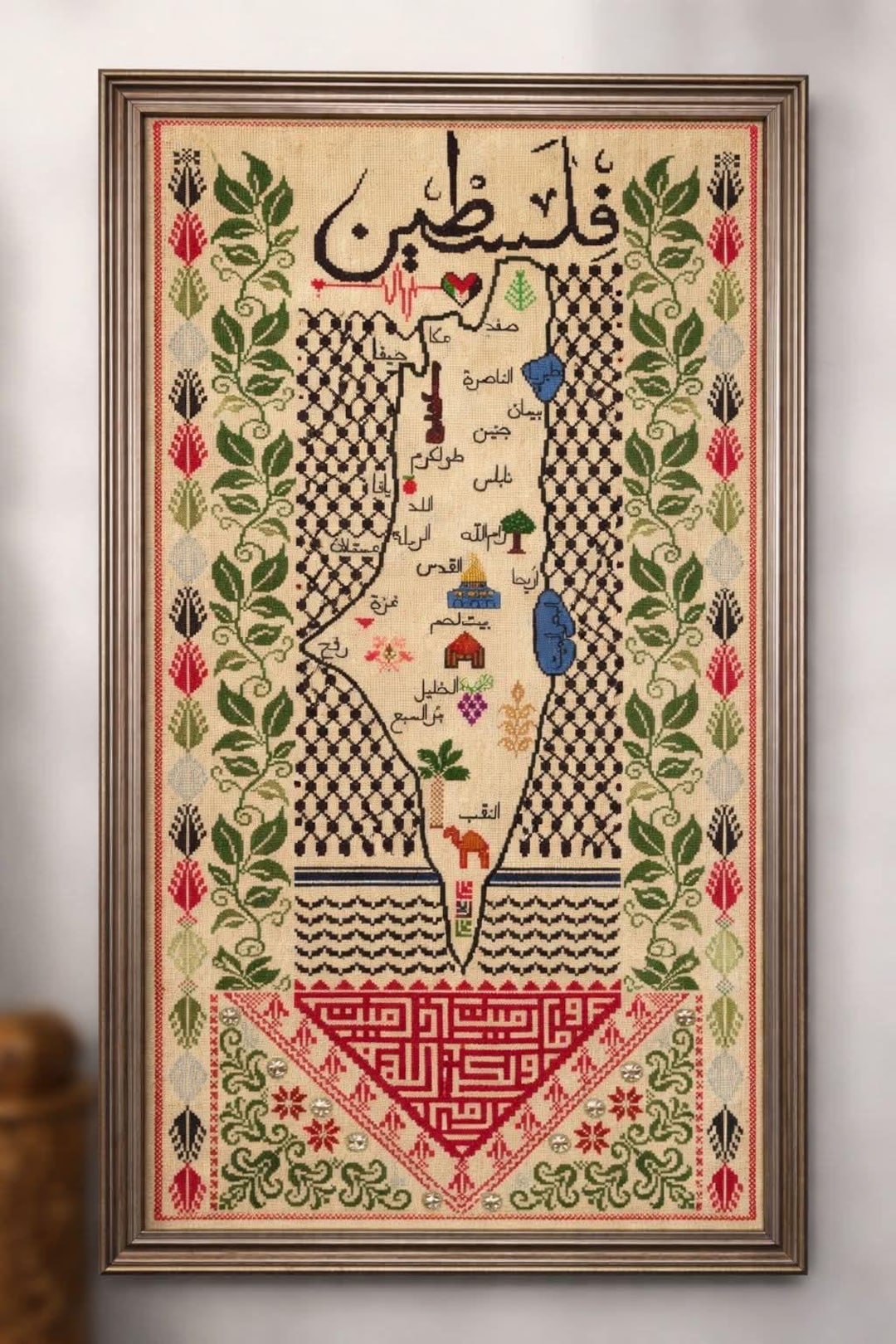 Hand-embroidered Palestine Map With Tatreez Design - Tatreez Wall Art ...