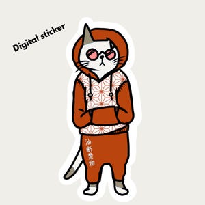 Peut inclure: Un autocollant numérique représentant un chat blanc portant un sweat à capuche orange brûlé avec un motif géométrique blanc et un pantalon assorti. Le chat porte des lunettes rondes teintées de rose et le texte Digital sticker et des kanjis.