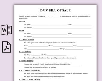 Plantilla de contrato de compraventa del DMV, Contrato de compraventa de vehículos en PDF de una página, Formulario de transferencia de vehículos, Contrato de venta de automóviles, Descarga instantánea