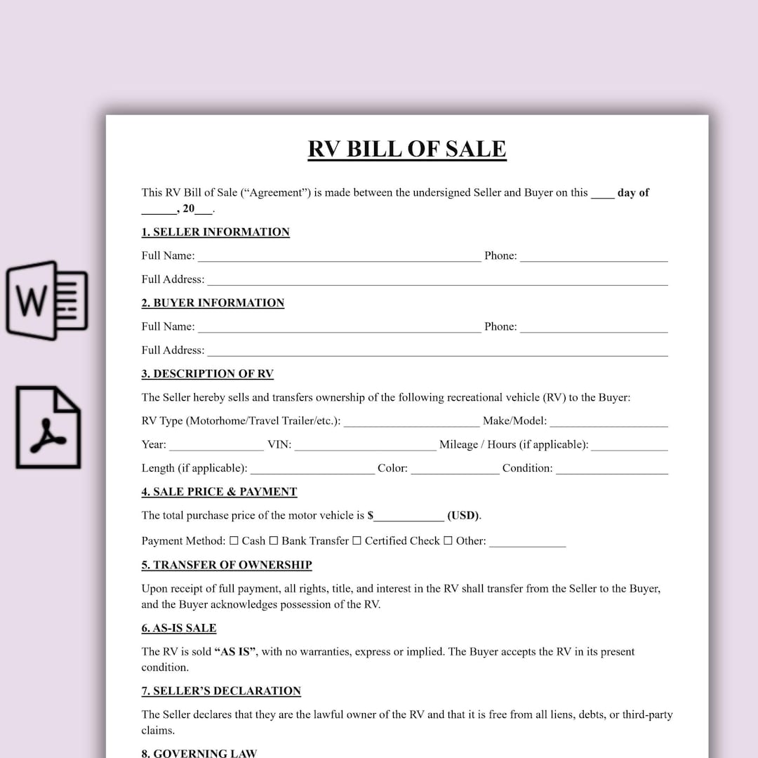 Ppl Rv Consignment Form RV Bill of Sale Template, One Page Recreational Vehicle Sale Contract ...