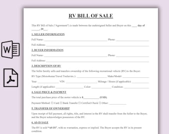 Sjabloon verkoopfactuur camper, één pagina verkoopcontract recreatief voertuig, eenvoudige verkoopfactuur camper en camper, pdf-eigendomsoverdracht