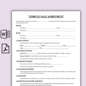 May include: A vehicle sale agreement form with sections for seller and buyer information, vehicle details, sale price, payment methods, and transfer of ownership. The document is on a white background.