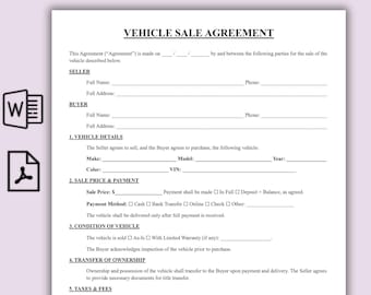 Contrato de compraventa de vehículo editable, plantilla imprimible de contrato de compraventa de vehículo particular, factura de compraventa de vehículo de una página, transferencia sencilla de título de vehículo