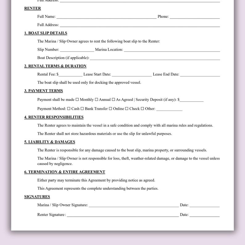 Boat Slip Rental Agreement Template, One Page Marina Dock Lease ...