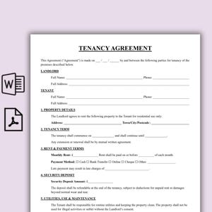 Peut inclure: Un document blanc intitulé Tenancy Agreement avec du texte noir, comprenant des sections pour les détails du propriétaire et du locataire, les informations sur la propriété, la durée du bail, le loyer, le dépôt de garantie et l'entretien.