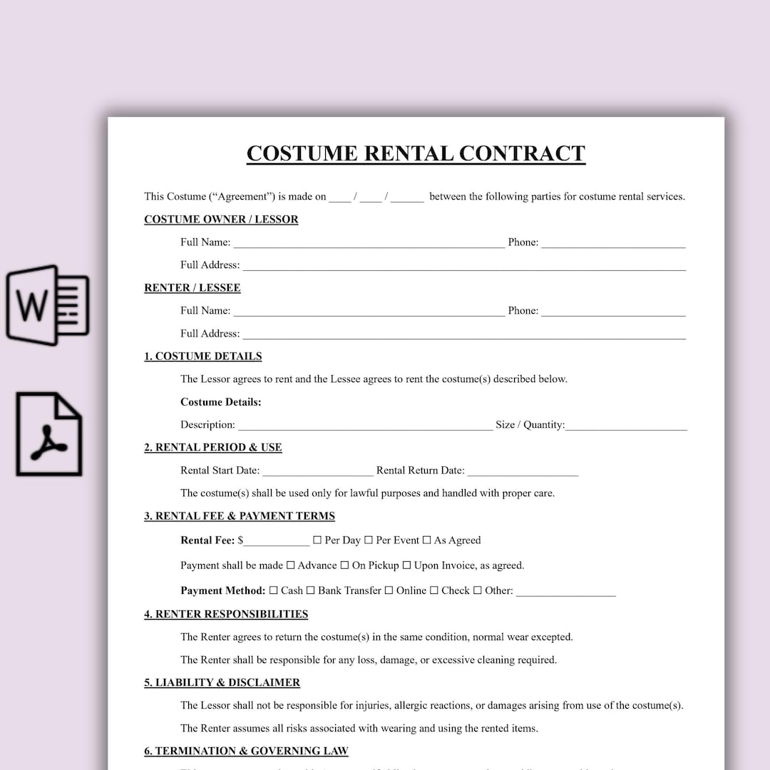 Professional Costume Rental Contract Template, Costume Lease Agreement ...