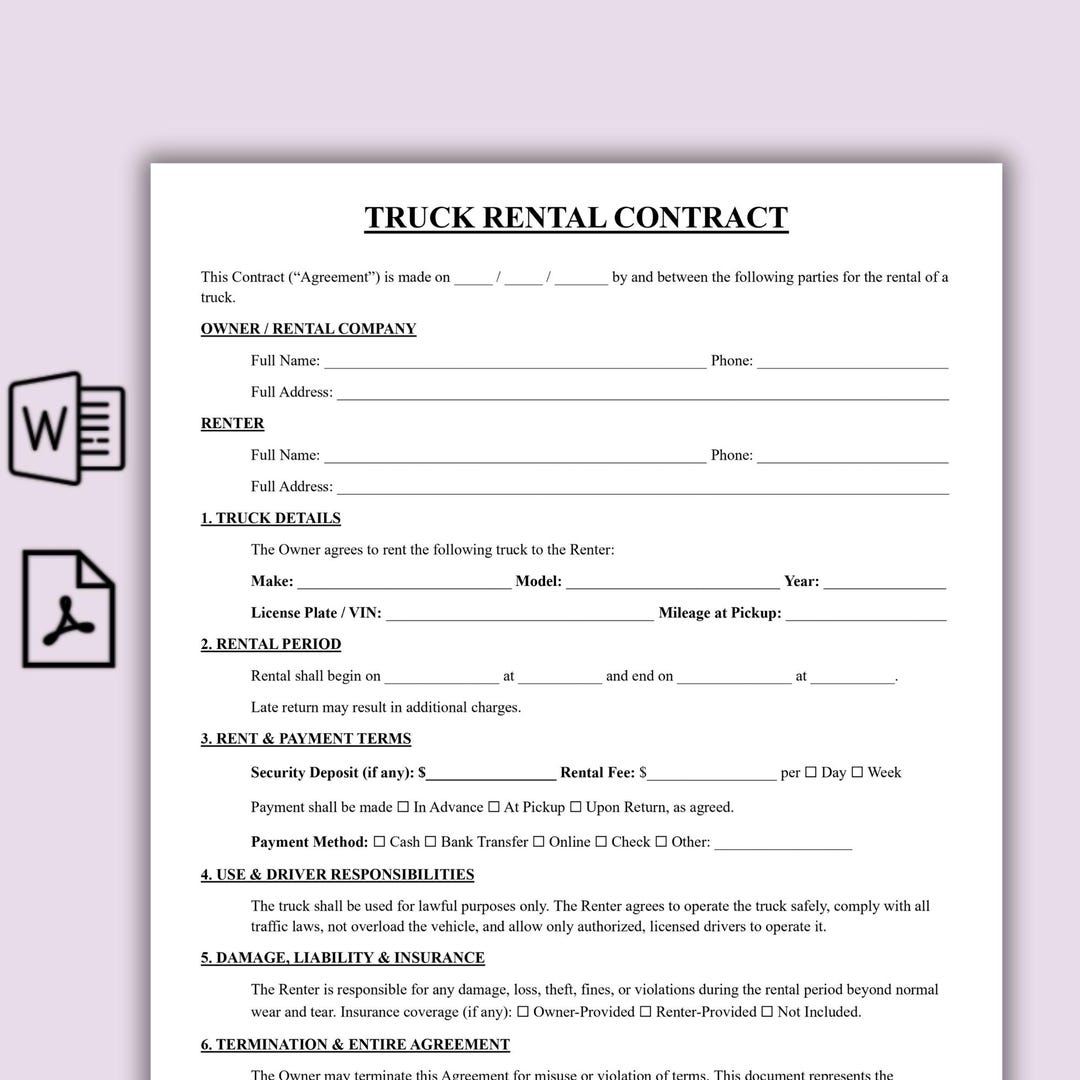 Truck Rental Contract Template, One Page Truck Lease Agreement ...