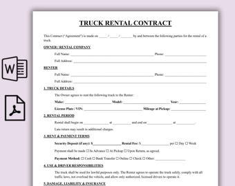 Plantilla de contrato de alquiler de camiones, contrato de arrendamiento de camiones de una página, formulario de alquiler de vehículos comerciales, contrato de arrendamiento de camiones imprimible y editable, contrato de camión