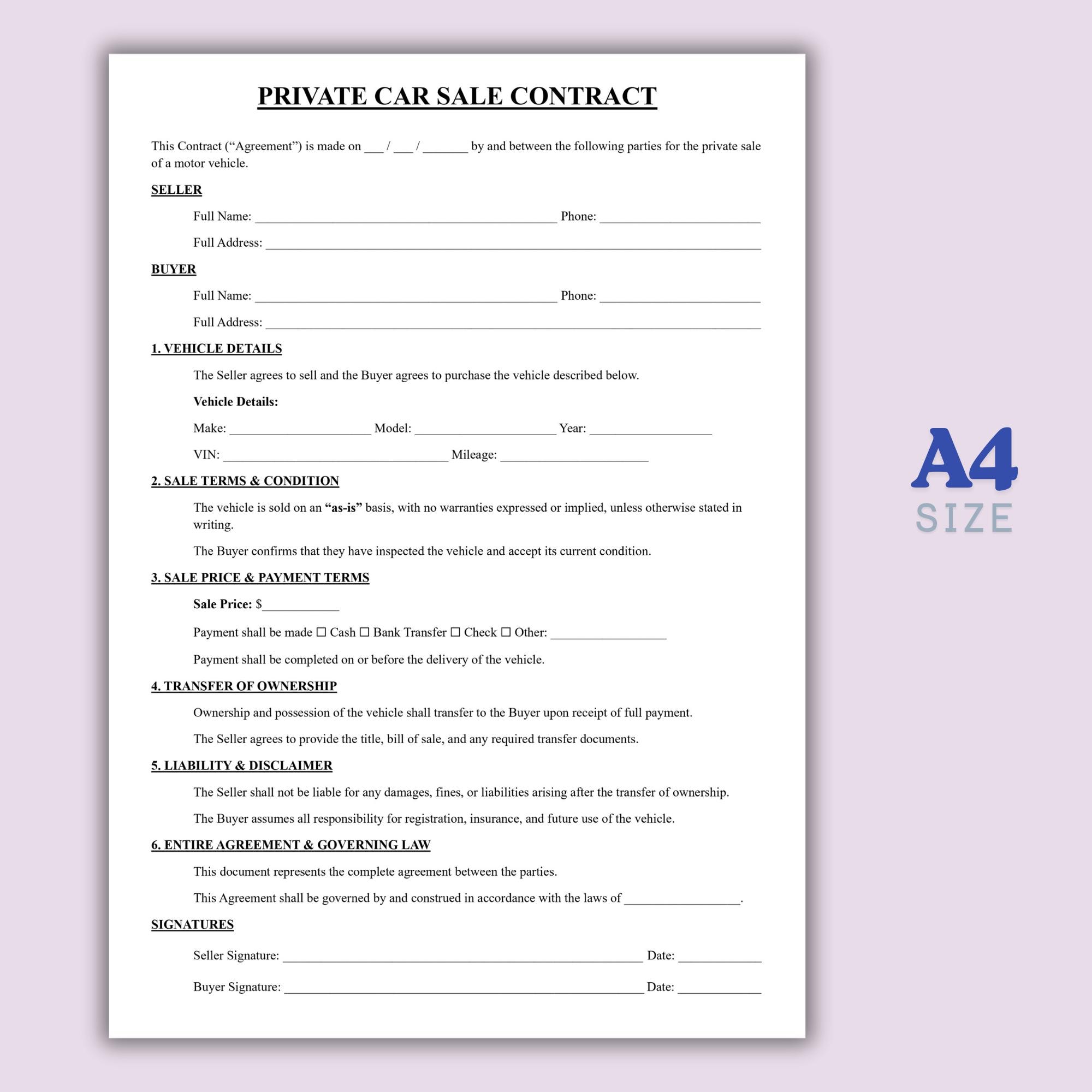 Editable Private Car Sale Contract Template, Simple Vehicle Bill of ...