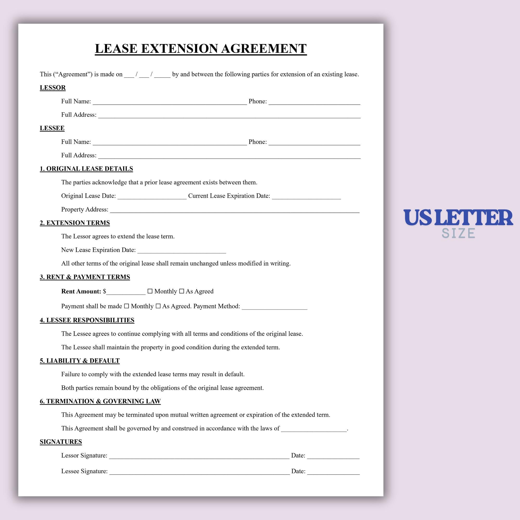 Extension Printable Form Lease Extension Agreement Template, Editable Lease Renewal Contract ...