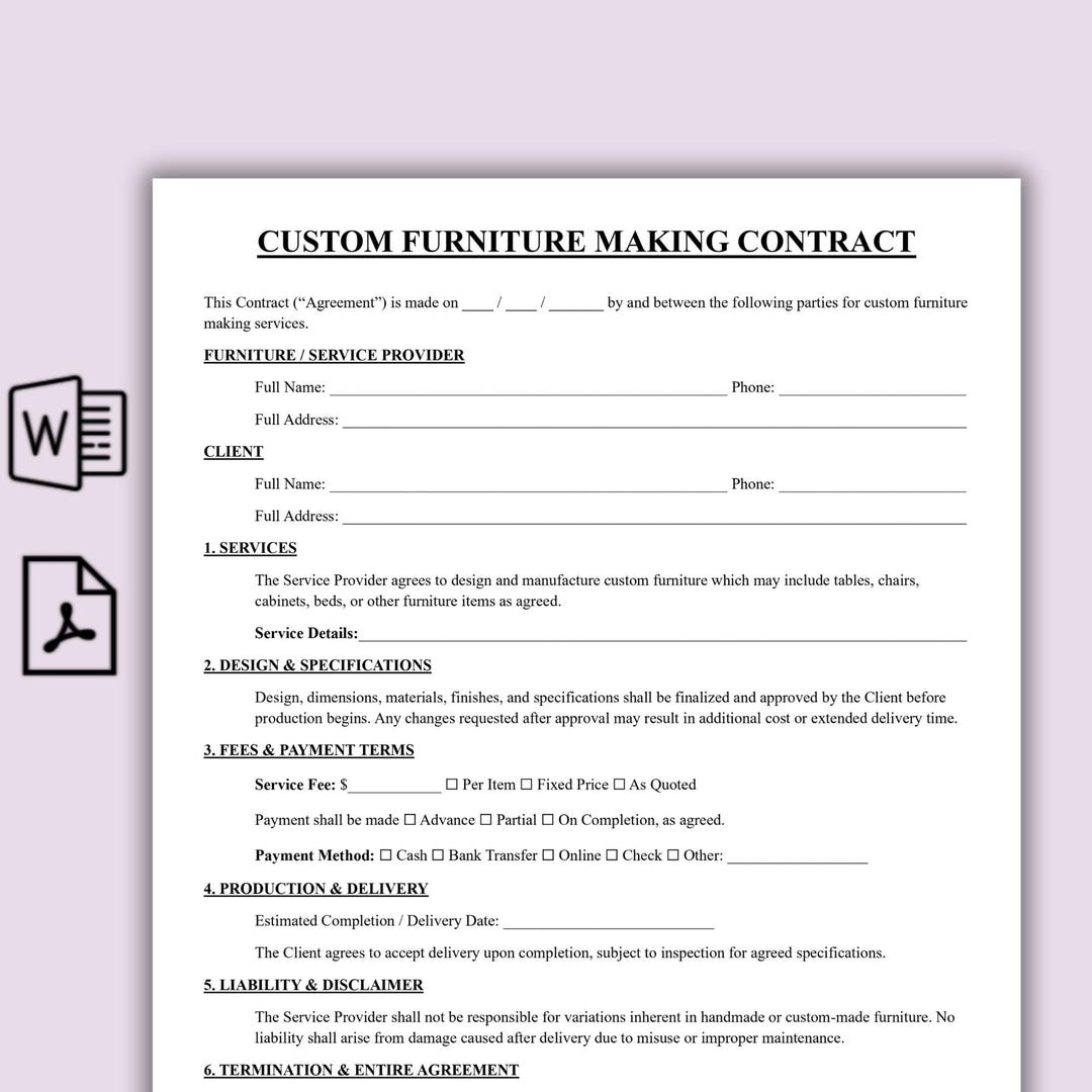 Buy Editable Custom Furniture Making Contract, One Page Woodworking ...