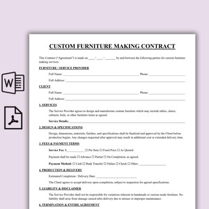Puede incluir: Un modelo de contrato para la fabricación de muebles a medida. El documento incluye secciones para detalles del servicio, especificaciones de diseño, tarifas, condiciones de pago y responsabilidad.
