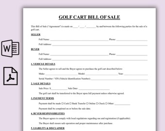 Simple Golf Cart Bill of Sale Template, Editable Golf Cart Purchase Agreement, Used Golf Cart Sale, Printable Ownership Transfer Form