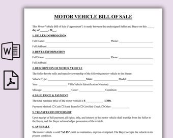 Editable Motor Vehicle Bill of Sale Template, Simple Auto Sales Contract, Vehicle Sale Agreement Form PDF, Printable Used Car Bill of Sale