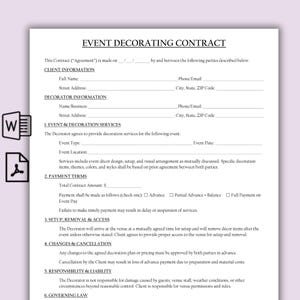 Pode incluir: Um contrato de decoração de eventos impresso em papel branco. O contrato inclui seções para informações do cliente e do decorador, serviços de eventos, termos de pagamento, configuração, remoção, acesso, alterações, cancelamento, responsabilidade e lei aplicável.