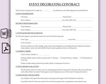 Customizable Event Decorating Contract, Simple One Page Event Planning Service Form Template, Printable Party Decor Business Agreement, PDF