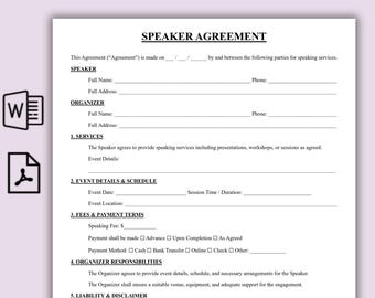 Sjabloon sprekersovereenkomst, pdf-bestand met één pagina gastsprekercontract, organisator feest, evenementenplanner, bewerkbare en afdrukbare sprekersformulieren