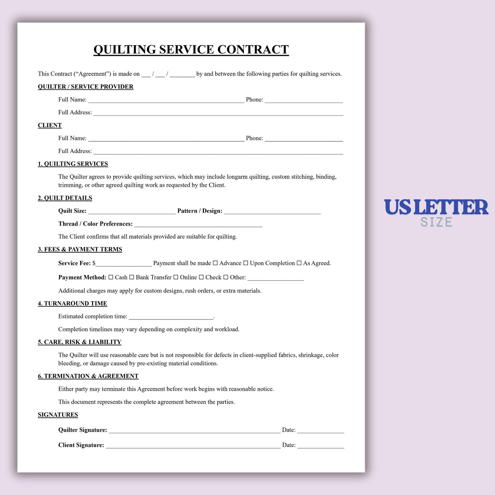 Quilt Process Forms Editable Quilting Service Contract, Quilting Agreement Template, Custom ...