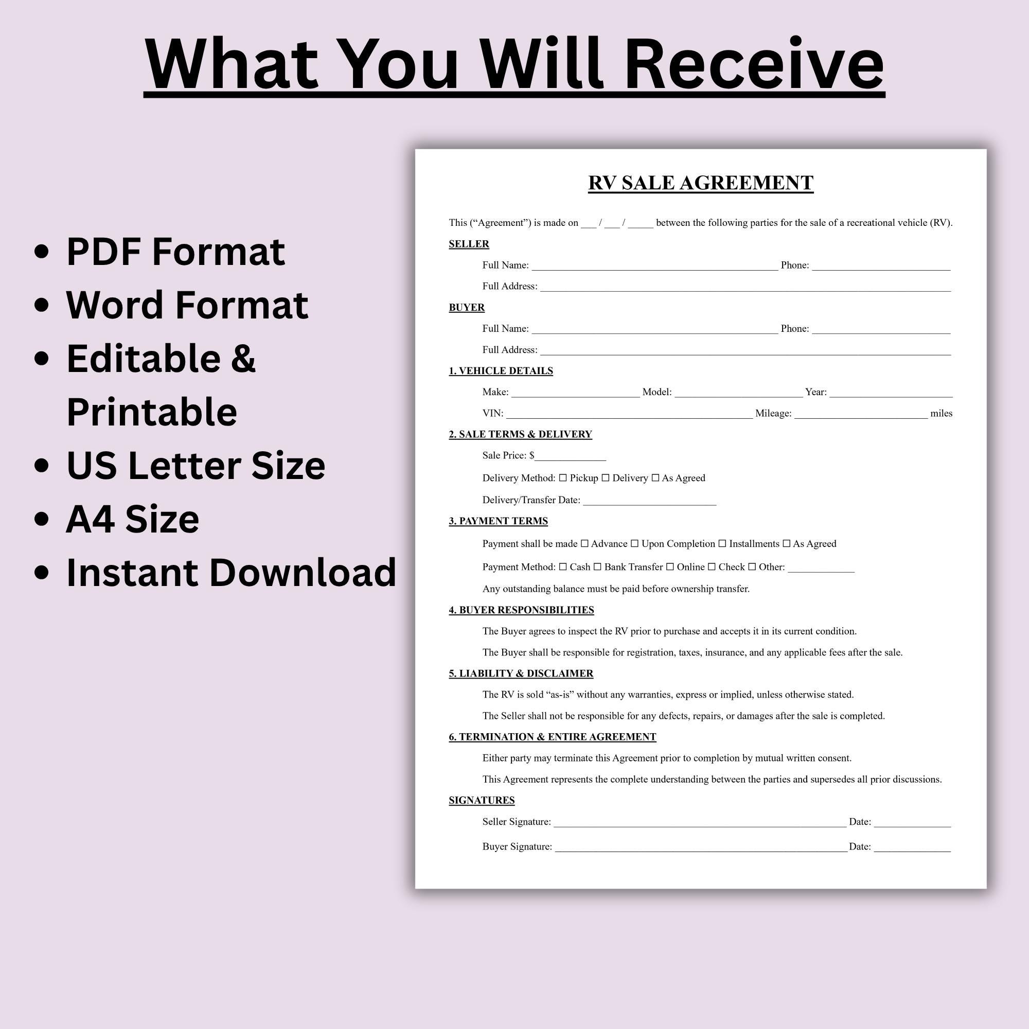Printable Rv 4 Square Sales Template.pdf Printable RV Sale Agreement Template, One Page RV Purchase Contract PDF ...
