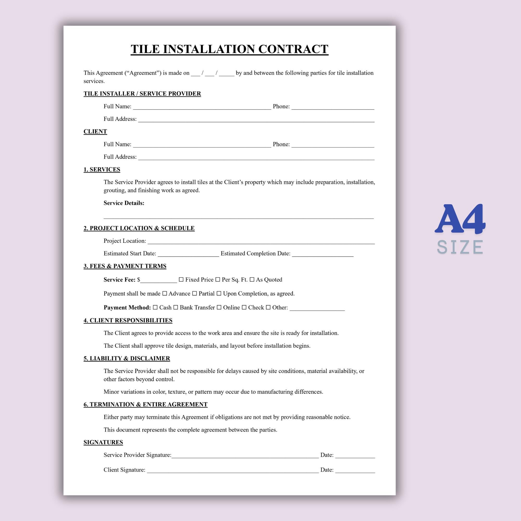 Tile Installer Sheet Editable Tile Installation Contract Template, Flooring Contract Form ...