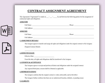 Plantilla de acuerdo de cesión de contrato de una página, formulario editable para cedente y cesionario, cesión de contrato imprimible en formato PDF.