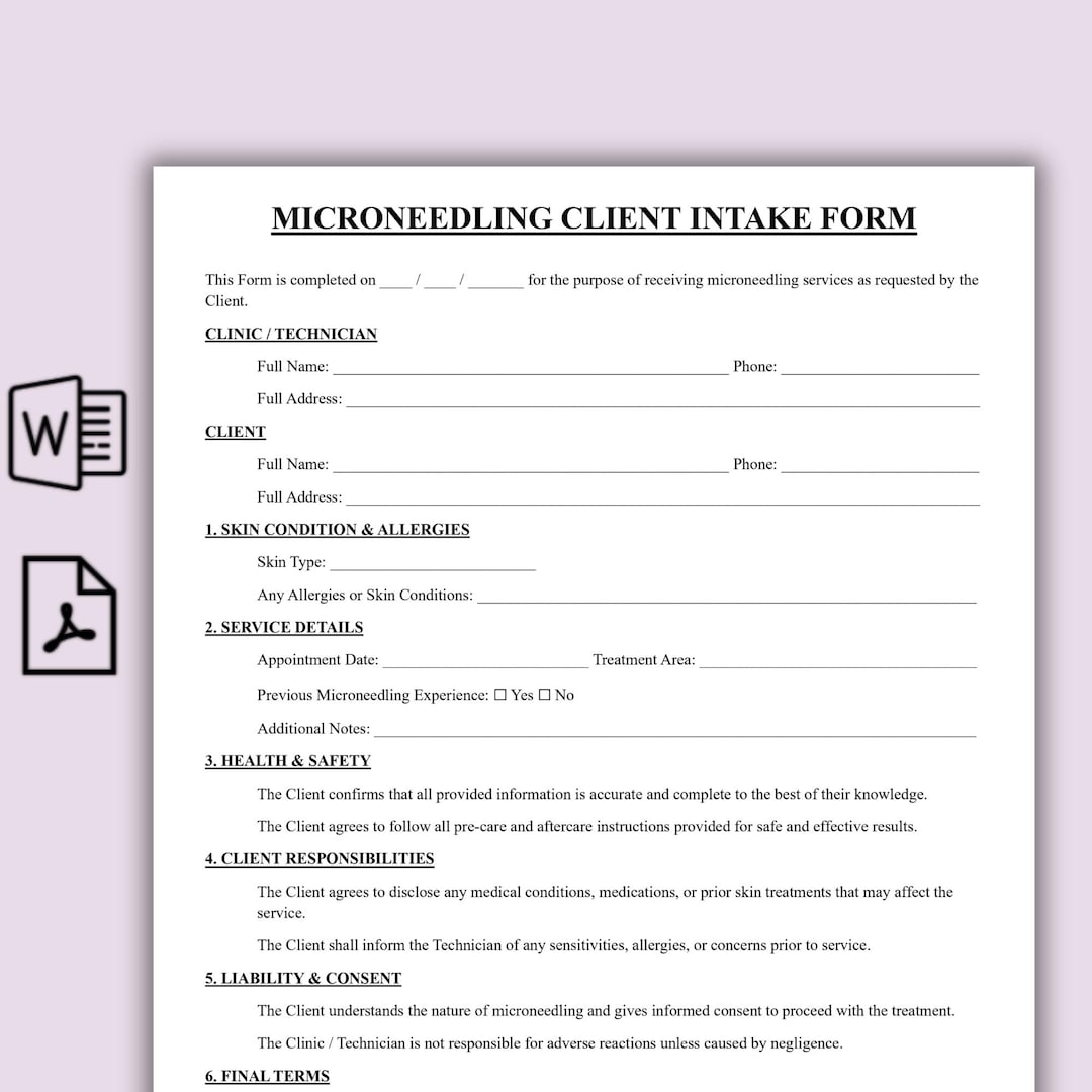 Skin Script Intake Form Microneedling Client Intake Form Template, One Page Skin Needling ...