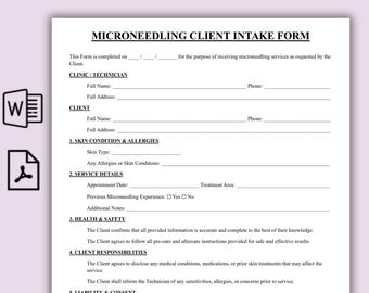 Microneedling Client Intake Form Template, One Page Skin Needling Consent PDF, Simple MedSpa Consultation, Printable Esthetician Intake Form