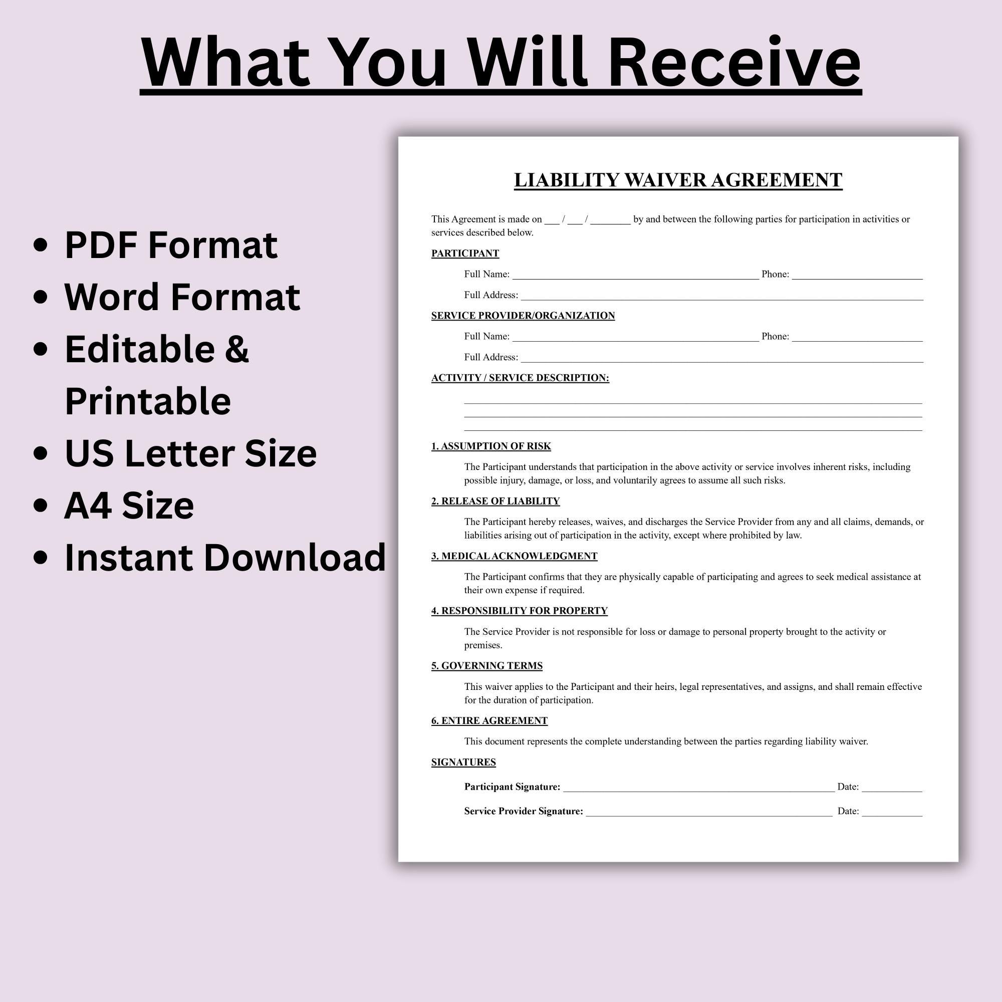 One Page Liability Waiver Agreement, Editable Release of Liability ...