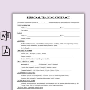 May include: A Personal Training Contract document with the title at the top. The document includes sections for the personal trainer and client information, services, training schedule, fees, payment terms, client responsibilities, liability, and disclaimer.