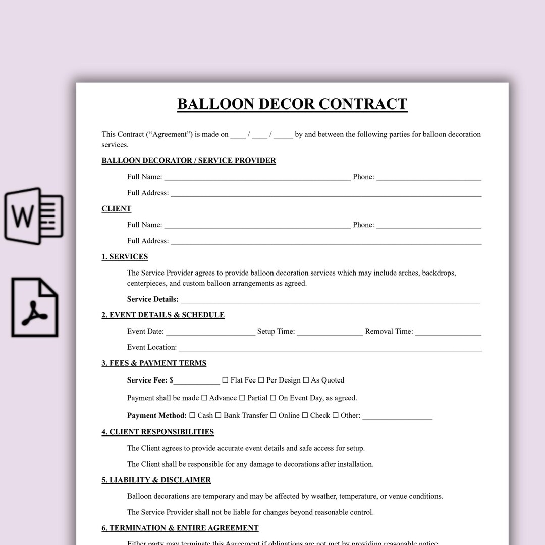 Simple Balloon Decor Contract, Editable Balloon Artist Service ...