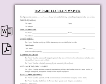 Acuerdo de exención de responsabilidad de guardería, plantilla PDF de exención de responsabilidad de una página, contrato de exención de responsabilidad de guardería imprimible y editable
