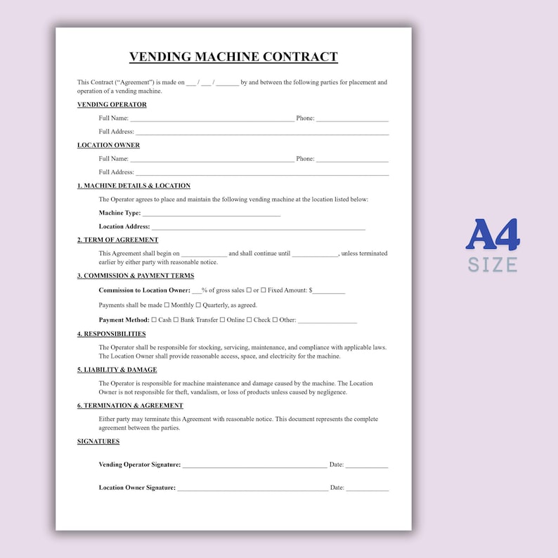 Vending Machine Service Sheets.pdf One Page Vending Machine Contract, Editable Vending Rental Form ...