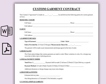 Modello di contratto per abbigliamento personalizzato, modulo di contratto per abbigliamento su misura modificabile, contratto per abbigliamento per servizi di cucito stampabile in una pagina, Word e PDF