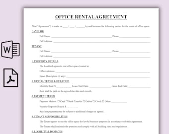 Modello di contratto di locazione per ufficio stampabile, contratto di locazione commerciale di una pagina, contratto di locazione per spazi ufficio professionali, modulo di sublocazione aziendale