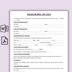 Pode incluir: Um documento branco "Trailer Bill of Sale" com seções para informações do vendedor e do comprador, descrição do trailer, preço de venda e transferência de propriedade. Inclui campos para tipo de trailer, VIN e cor.