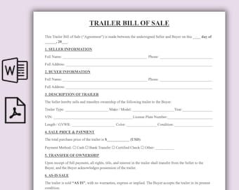 Plantilla editable de contrato de compraventa de remolque, contrato de compraventa de remolque para barco, contrato de compraventa de remolque (PDF), contrato de compraventa de vehículo de motor imprimible