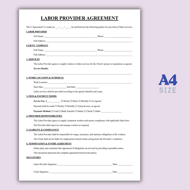 Buy Labor Provider Agreement Template, Editable Labor Provider Service ...
