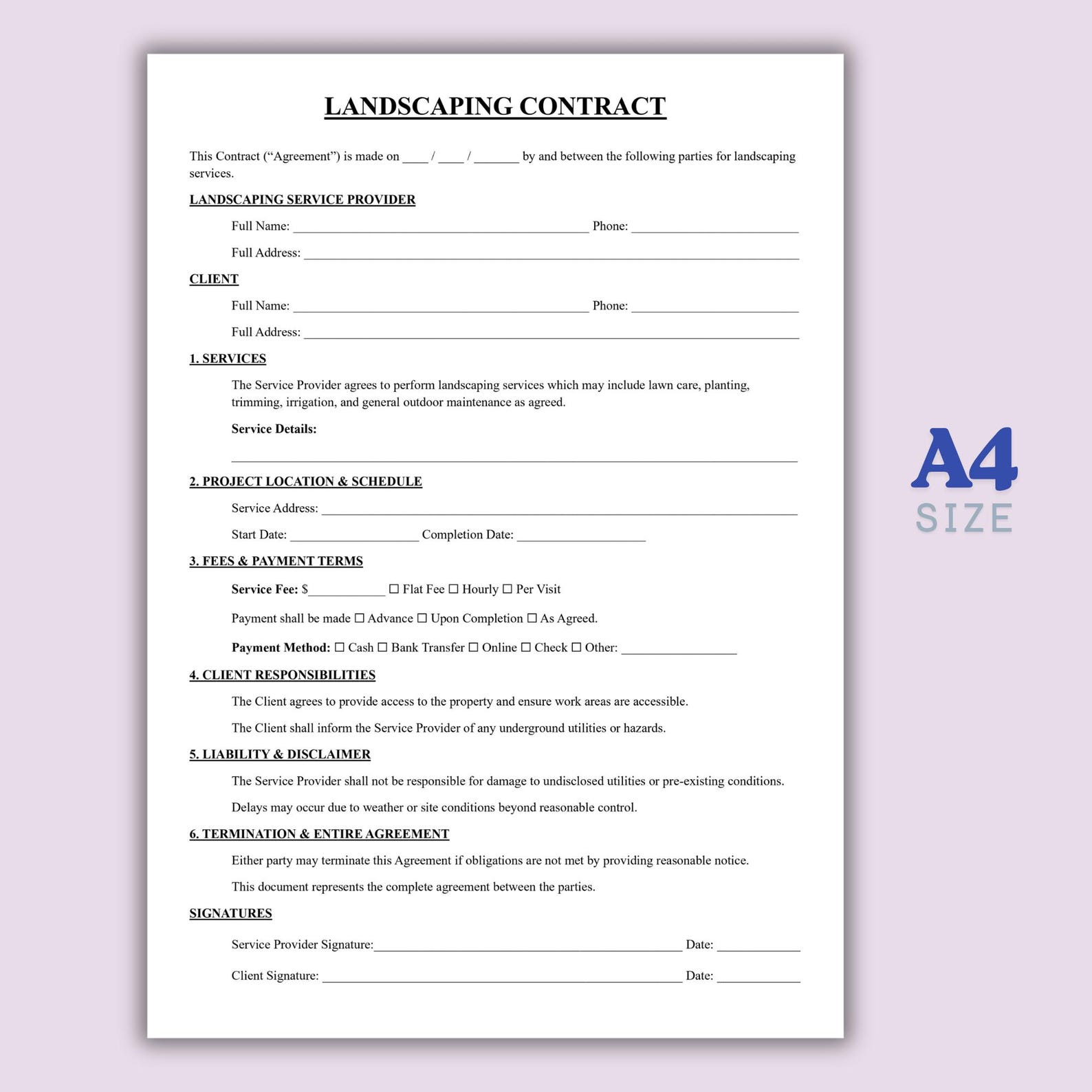 Simple Landscaping Contract Template, One Page Lawn Care Agreement PDF ...
