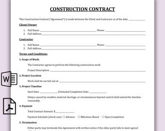 Simple Construction Contract Template, Contractor Agreement Form, One Page Construction Agreement, Printable Construction work contract PDF