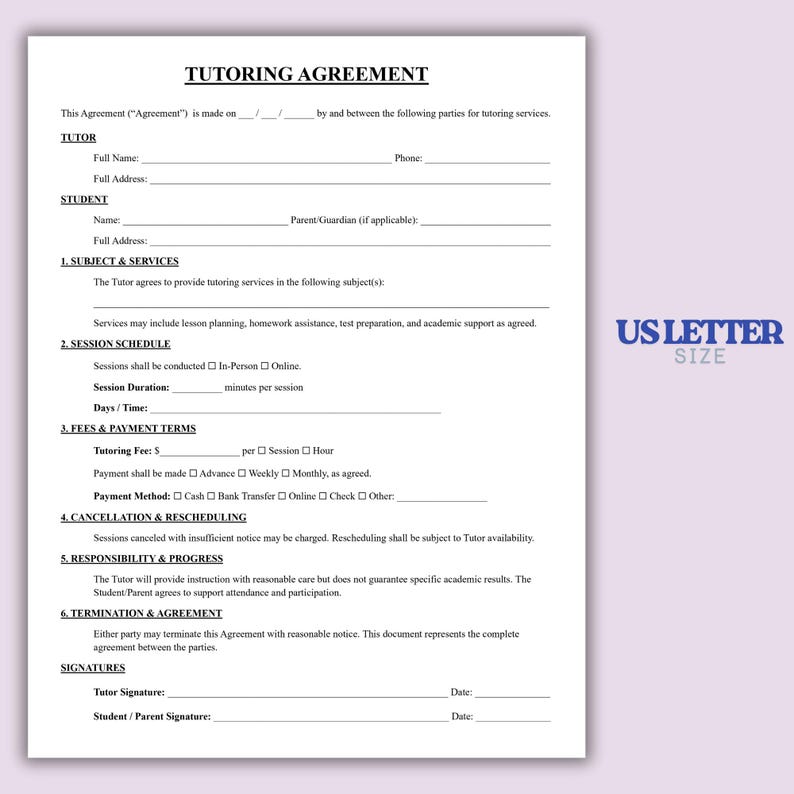 Editable Tutoring Agreement Template, One Page Tutoring Terms Contract ...
