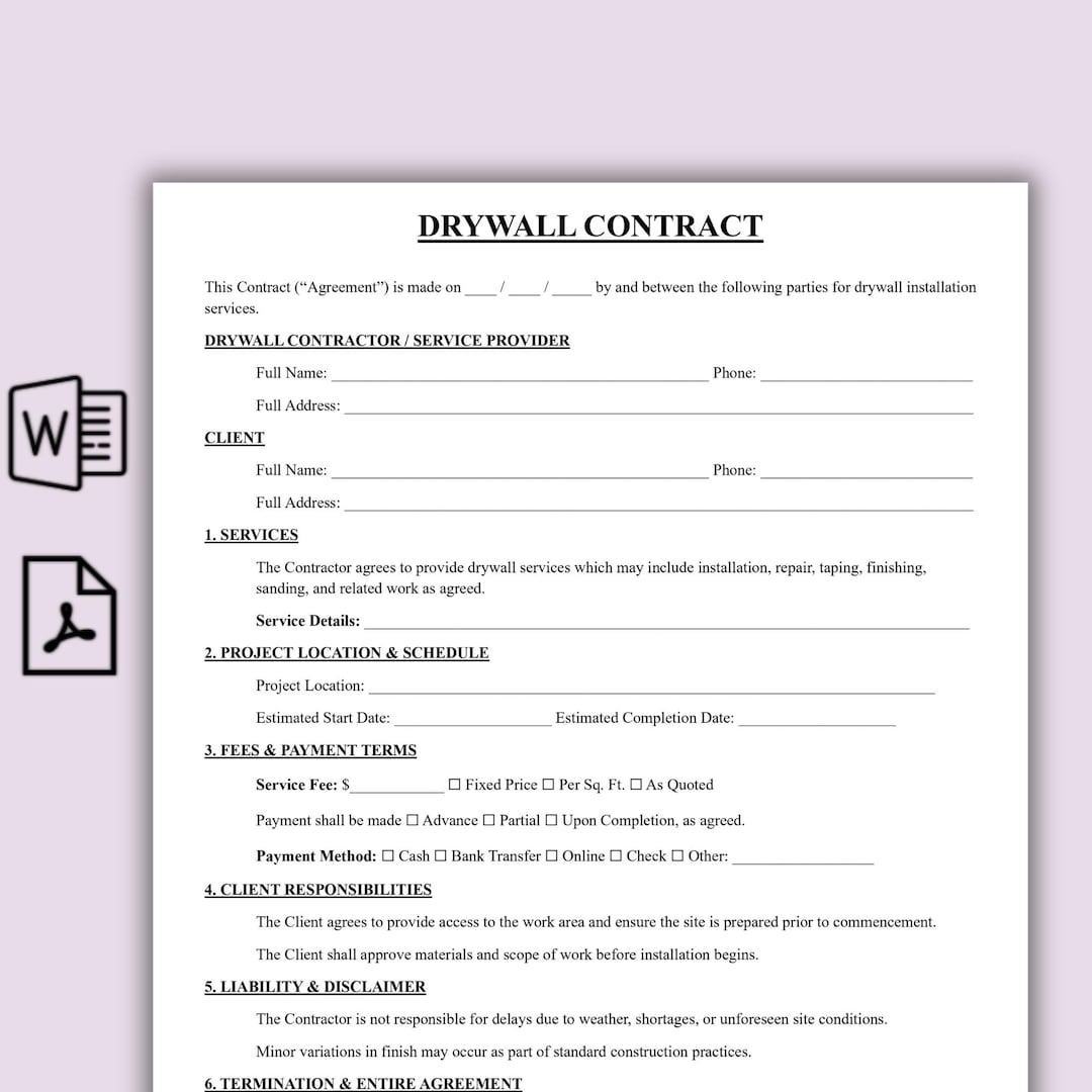Simple Drywall Contract, One Page Contractor Contract, Drywall Services ...