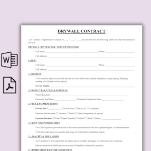 Può includere: Un documento bianco intitolato "DRYWALL CONTRACT" con testo nero. Descrive un contratto per servizi di installazione di cartongesso. Include sezioni per le informazioni sull'appaltatore e sul cliente, i servizi, le tariffe e le responsabilità.