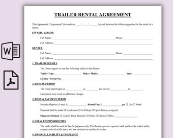 Modello di contratto di noleggio di rimorchi, contratto di noleggio di rimorchi modificabile e personalizzabile, contratto di noleggio di rimorchi di una pagina, contratto di noleggio commerciale stampabile