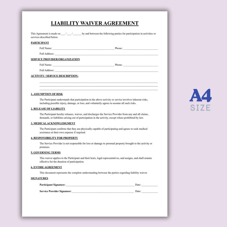 One Page Liability Waiver Agreement, Editable Release of Liability ...