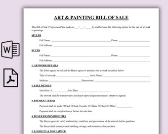 Modello semplice di contratto di vendita per opere d'arte e dipinti, accordo stampabile tra artista e acquirente, modulo di vendita professionale per opere d'arte, contratto di vendita per belle arti