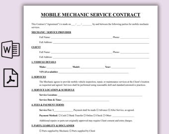 Simple Mobile Mechanic Service Contract Template, One Page Vehicle Maintenance Contract, Auto Repair Agreement Form, Printable Auto Repair
